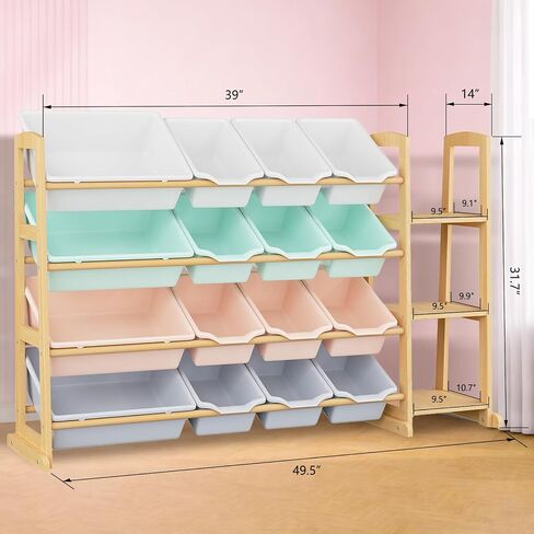 Kids Toy Storage Organizer with Bookshelf – Wooden Shelf with 16 Bins & 3 Shelves, Quick Assembly Storage Rack for Playroom, Bedroom, Nursery– Colorful in Kuwait