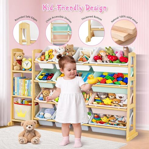 Kids Toy Storage Organizer with Bookshelf – Wooden Shelf with 16 Bins & 3 Shelves, Quick Assembly Storage Rack for Playroom, Bedroom, Nursery– Colorful in Kuwait