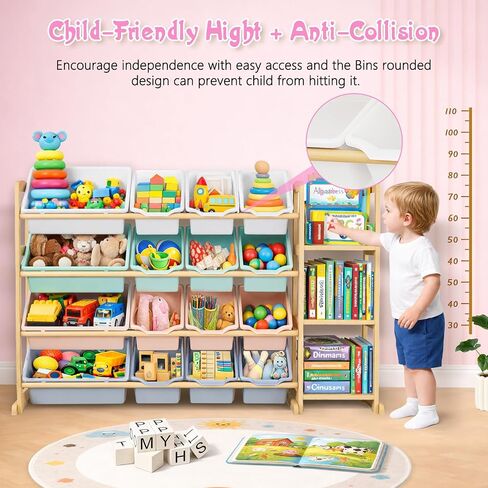 Kids Toy Storage Organizer with Bookshelf – Wooden Shelf with 16 Bins & 3 Shelves, Quick Assembly Storage Rack for Playroom, Bedroom, Nursery– Colorful in Kuwait