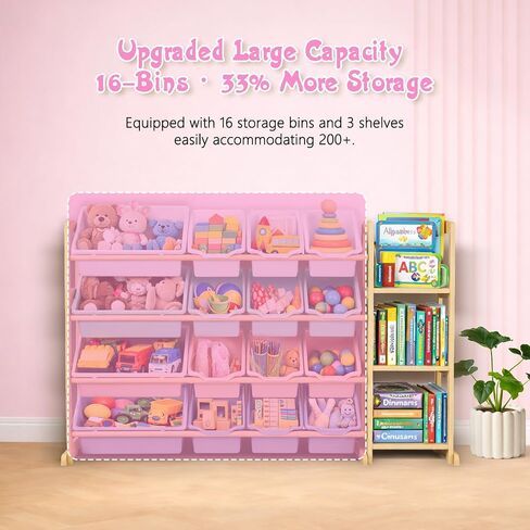 Kids Toy Storage Organizer with Bookshelf – Wooden Shelf with 16 Bins & 3 Shelves, Quick Assembly Storage Rack for Playroom, Bedroom, Nursery– Colorful in Kuwait
