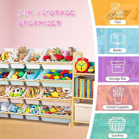 Kids Toy Storage Organizer with Bookshelf – Wooden Shelf with 16 Bins & 3 Shelves, Quick Assembly Storage Rack for Playroom, Bedroom, Nursery– Colorful in Kuwait