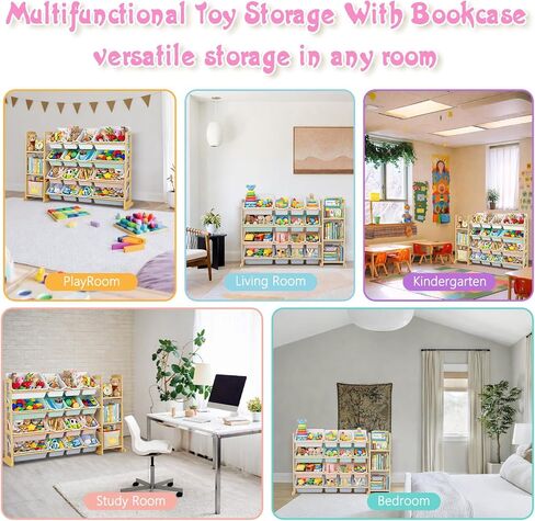 Kids Toy Storage Organizer with Bookshelf – Wooden Shelf with 16 Bins & 3 Shelves, Quick Assembly Storage Rack for Playroom, Bedroom, Nursery– Colorful in Kuwait