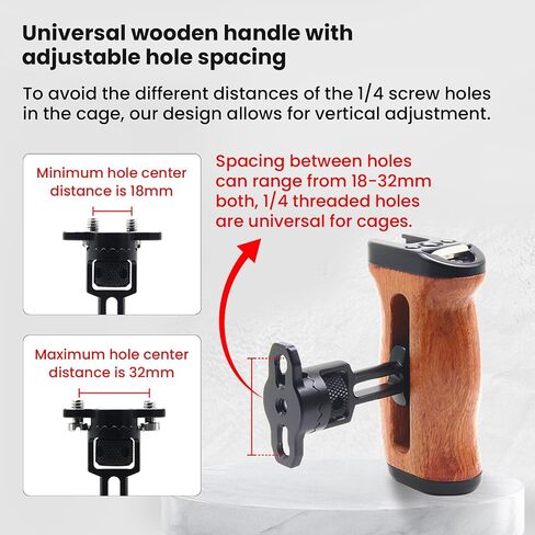 360° Rotating Wood Side Handle for Camera Cage - Adjustable 18-32mm Mounting with Cold Shoe & 1/4" Threads Compatible with SmallRig (YH-R044) in Kuwait
