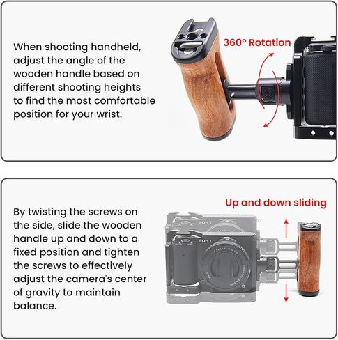 360° Rotating Wood Side Handle for Camera Cage - Adjustable 18-32mm Mounting with Cold Shoe & 1/4" Threads Compatible with SmallRig (YH-R044) in Kuwait