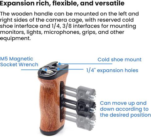 360° Rotating Wood Side Handle for Camera Cage - Adjustable 18-32mm Mounting with Cold Shoe & 1/4" Threads Compatible with SmallRig (YH-R044) in Kuwait