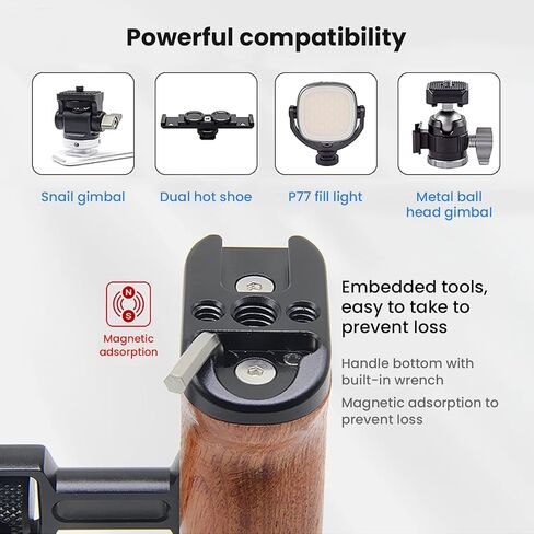 360° Rotating Wood Side Handle for Camera Cage - Adjustable 18-32mm Mounting with Cold Shoe & 1/4" Threads Compatible with SmallRig (YH-R044) in Kuwait
