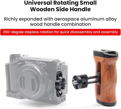 360° Rotating Wood Side Handle for Camera Cage - Adjustable 18-32mm Mounting with Cold Shoe & 1/4" Threads Compatible with SmallRig (YH-R044) in Kuwait