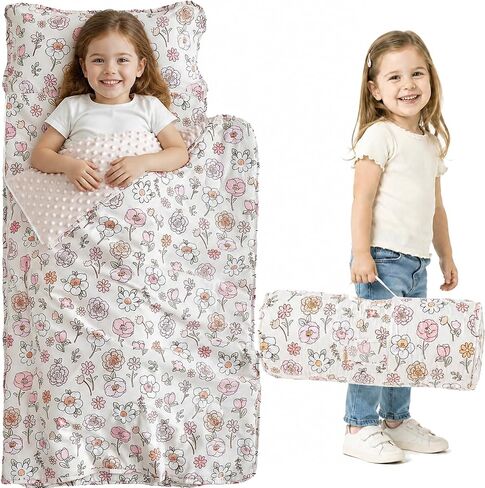 Floral Toddler Nap Mat with Zipper,Detachable Minky Blanket and Removable Pillow,Soft Slumber Bags for Girls,Kids Sleeping Bag for Daycare Preschool Kindergarten,Flower Toddler Sleeping Mat - Pink in Saudi Arabia