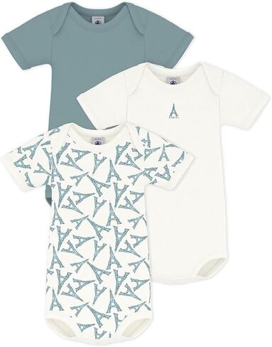 Petit Bateau Pack of babies' BOYS short-sleeved Eiffel Tower print cotton bodysuits SIZES 3-36 MONTHS in Kuwait