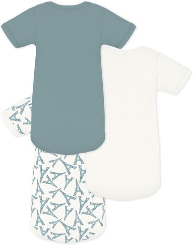 Petit Bateau Pack of babies' BOYS short-sleeved Eiffel Tower print cotton bodysuits SIZES 3-36 MONTHS in Kuwait