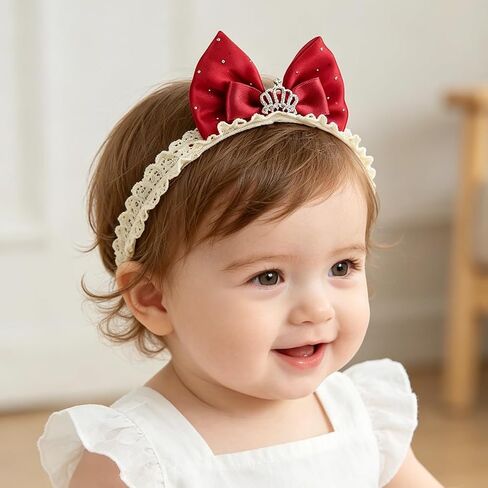Baby Girls Cute Bow Headband Elastic Crown Lace Hair Band with Satin Tulle Ribbon Newborn Infant Hair Bow Accessories for Photoshoots Birthdays Baby Showers (Red 4) in Saudi Arabia