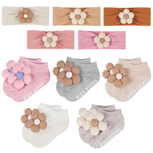 Baby Girl Headbands and Socks Set, 5 Floral Nylon Hairbands with 5 Pairs Non Slip Baby Socks, Soft Matching Accessories for Newborn Infant Girls 0-12 Months in Saudi Arabia