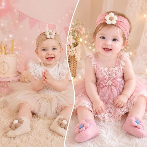 Baby Girl Headbands and Socks Set, 5 Floral Nylon Hairbands with 5 Pairs Non Slip Baby Socks, Soft Matching Accessories for Newborn Infant Girls 0-12 Months in Saudi Arabia