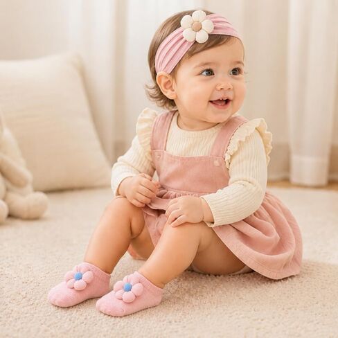 Baby Girl Headbands and Socks Set, 5 Floral Nylon Hairbands with 5 Pairs Non Slip Baby Socks, Soft Matching Accessories for Newborn Infant Girls 0-12 Months in Saudi Arabia
