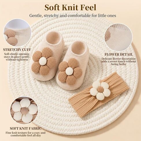 Baby Girl Headbands and Socks Set, 5 Floral Nylon Hairbands with 5 Pairs Non Slip Baby Socks, Soft Matching Accessories for Newborn Infant Girls 0-12 Months in Saudi Arabia