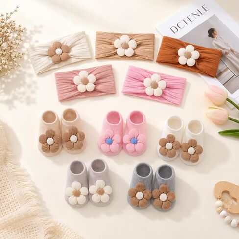 Baby Girl Headbands and Socks Set, 5 Floral Nylon Hairbands with 5 Pairs Non Slip Baby Socks, Soft Matching Accessories for Newborn Infant Girls 0-12 Months in Saudi Arabia