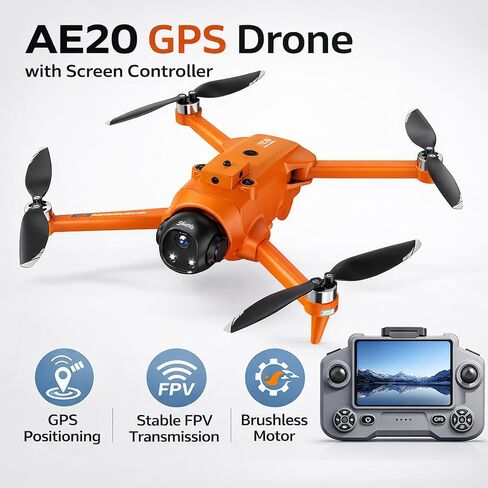 AE20 GPS Drone with 4K Camera for Adults, 5G RC Drones with 4.5" HD Screen | GPS Follow & Auto Return, Long Range Transmission, 60 Mins Flight Time, Foldable Drone with Brushless Motor, Under 249g in Kuwait