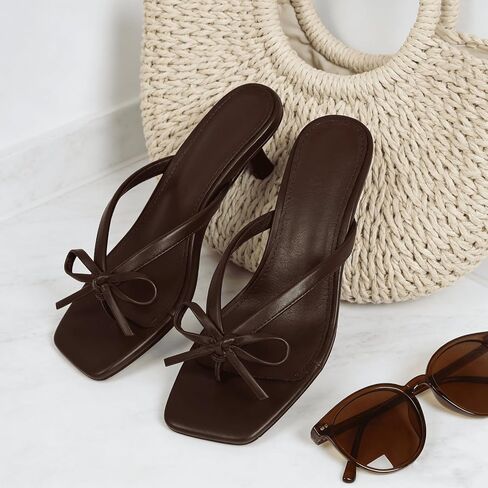 Mattiventon Brown Kitten Heels Flip Flop Heels with Bow | Kitten Heel Sandals Thong Sandals Slip on Square Toe Summer Cute Party Dress Shoes 2.36 In Heel Size 6 in Saudi Arabia
