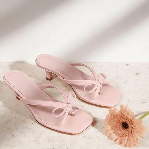 Mattiventon Pink Kitten Heels Flip Flop Heels with Bow | Kitten Heel Sandals Thong Sandals Slip on Square Toe Summer Cute Party Dress Shoes 2.36 In Heel Size 7 in Saudi Arabia