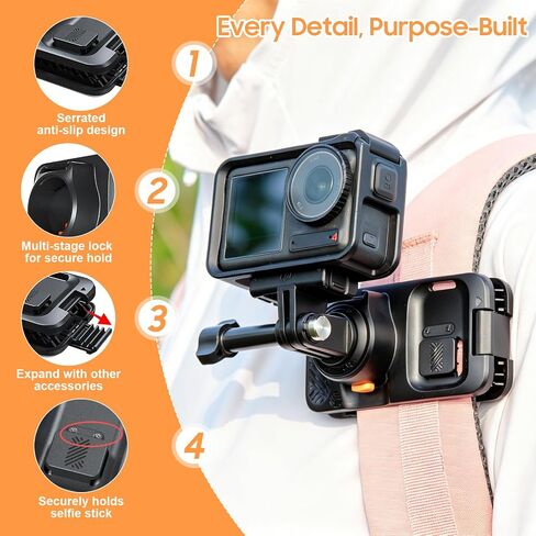 Action Camera Multifunction Backpack Strap Mount.Self-Developed Action Camera Accessories, Compatible with Various Models of Action Cameras *Selfie Stick not Included (Black, 9.8) in Saudi Arabia