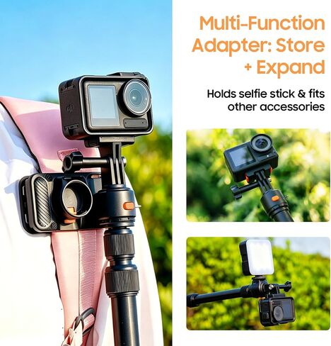 Action Camera Multifunction Backpack Strap Mount.Self-Developed Action Camera Accessories, Compatible with Various Models of Action Cameras *Selfie Stick not Included (Black, 9.8) in Saudi Arabia