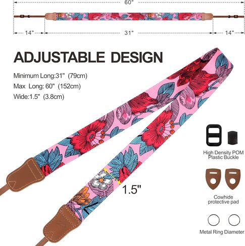 Padwa Lifestyle Camera Strap - 1.5" Soft Nylon Print Crazy Horse Cowhide Head Camera Straps for Photographers and All Cameras,Cute Adjustable Vintage Woven Strap for Adults & Kids(Flower Heart Pink) in Saudi Arabia