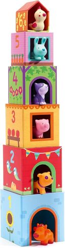 DJECO Topanifarm, Wooden Sorting and Stacking Blocks, 18+ Months | Builds a Farm, Animal Toys, Enhances Fine Motor Skills, Durable Playtime, Cute Design for Preschool Toddlers in Kuwait