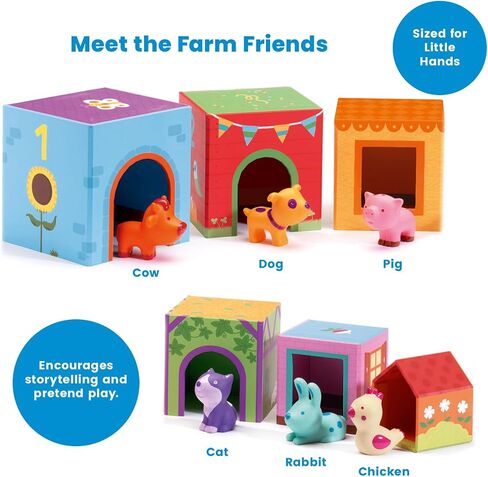 DJECO Topanifarm, Wooden Sorting and Stacking Blocks, 18+ Months | Builds a Farm, Animal Toys, Enhances Fine Motor Skills, Durable Playtime, Cute Design for Preschool Toddlers in Kuwait