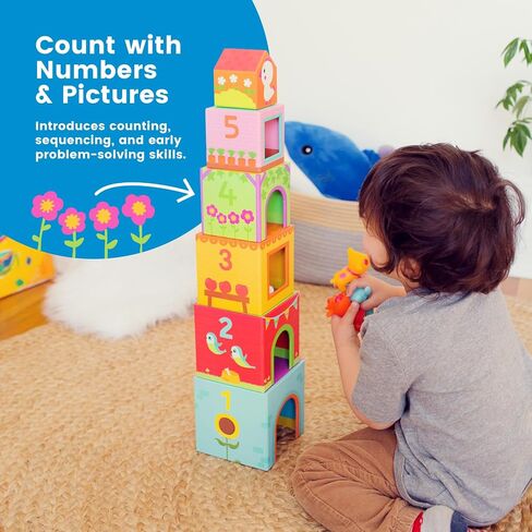 DJECO Topanifarm, Wooden Sorting and Stacking Blocks, 18+ Months | Builds a Farm, Animal Toys, Enhances Fine Motor Skills, Durable Playtime, Cute Design for Preschool Toddlers in Kuwait