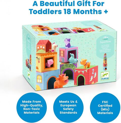 DJECO Topanifarm, Wooden Sorting and Stacking Blocks, 18+ Months | Builds a Farm, Animal Toys, Enhances Fine Motor Skills, Durable Playtime, Cute Design for Preschool Toddlers in Kuwait