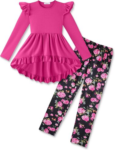 Arshiner Toddler Girl Clothes Fall Outfits Ruffle Sleeve Tops and Leggings | for Toddler,Little,Big Girls,Long Sleeve Pullover Shirt,Floral Print Leggings,Fall Outfits,Cute Outfits in Saudi Arabia