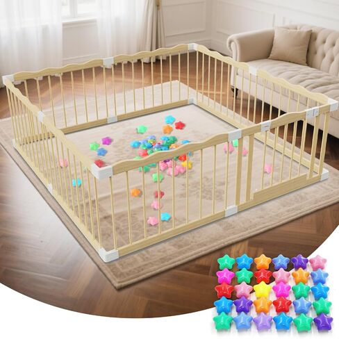 Wooden Baby Playpen 65"x65" - Solid Wood Play Yard with Lock Gate | Easy to Assemble, 30 ocean balls included,Child Safety Lock, Indoor Play Pen for Kids Activity Center,8 Panels Natural Pine in Saudi Arabia