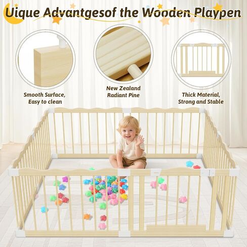 Wooden Baby Playpen 65"x65" - Solid Wood Play Yard with Lock Gate | Easy to Assemble, 30 ocean balls included,Child Safety Lock, Indoor Play Pen for Kids Activity Center,8 Panels Natural Pine in Saudi Arabia