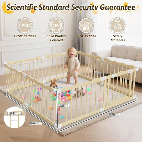 Wooden Baby Playpen 65"x65" - Solid Wood Play Yard with Lock Gate | Easy to Assemble, 30 ocean balls included,Child Safety Lock, Indoor Play Pen for Kids Activity Center,8 Panels Natural Pine in Saudi Arabia
