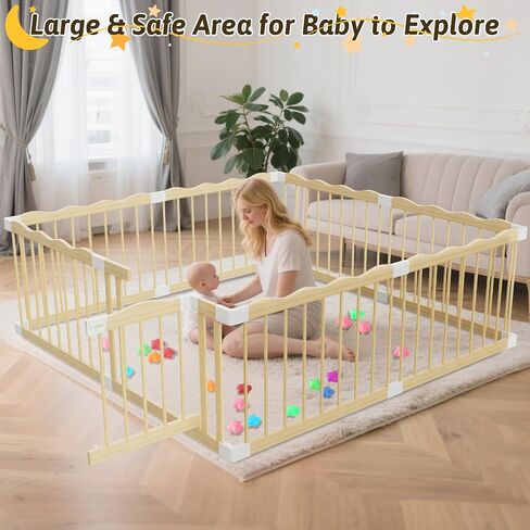 Wooden Baby Playpen 65"x65" - Solid Wood Play Yard with Lock Gate | Easy to Assemble, 30 ocean balls included,Child Safety Lock, Indoor Play Pen for Kids Activity Center,8 Panels Natural Pine in Saudi Arabia