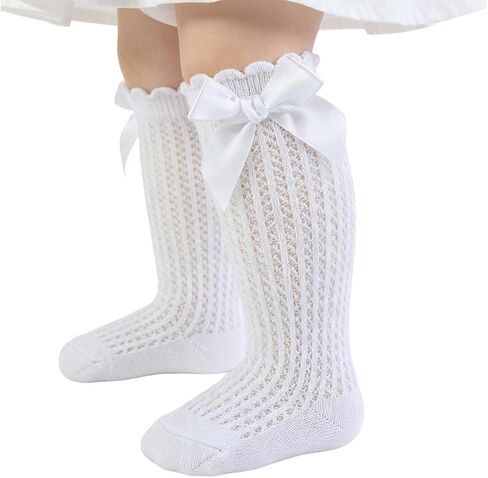 1 Pairs Baby Girl Knee High Socks Hollow Lace Tube Socks with Bows | Premium cotton spandex blend princess tall socks in solid colors, fitting infants and toddlers from 0 to 3 years old. in Kuwait