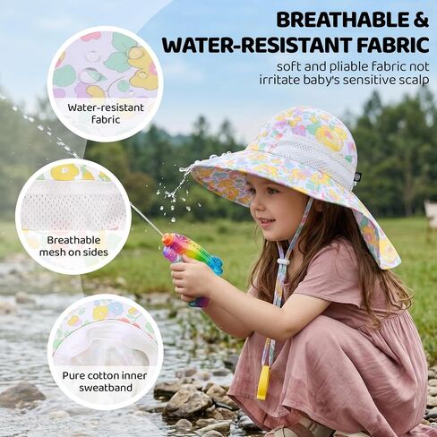 Baby Sun Hat with Neck Flap UPF 50+ for Toddler Sun Protection Beach Hat | Adjustable,Sun Protection,Lightweight,Quick-drying,Breathable,Skin-friendly,3 sizes,Block UVA/UVB,Water Resistant,Windproof in Kuwait
