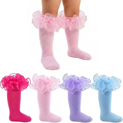 Baby Knee High Socks Girls Non Slip Long Socks Lace Ruffle Stockings for Newborn Infant Toddler Kids 0-8 Years Old in Saudi Arabia