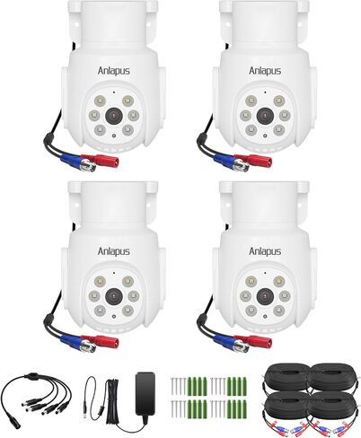 Anlapus 4Pack Pan Tilt Wired Security Cameras Outdoor Indoor, 2MP 1080P Weatherproof CCTV Camera with Audio, Human Vehicle Detection, Night Vision, Only Works DVR Surveillance System in Kuwait