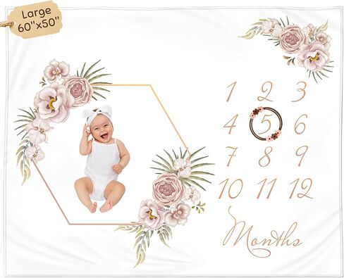 Monthly Baby Milestone Blanket 60"x50" - Elegant Boho Floral Design with Felt Frame - Track Your Baby's Monthly Growth - Perfect Gender Neutral Gift for New Parents - Personalized Baby Blanket in Saudi Arabia