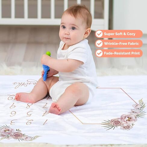 Monthly Baby Milestone Blanket 60"x50" - Elegant Boho Floral Design with Felt Frame - Track Your Baby's Monthly Growth - Perfect Gender Neutral Gift for New Parents - Personalized Baby Blanket in Saudi Arabia