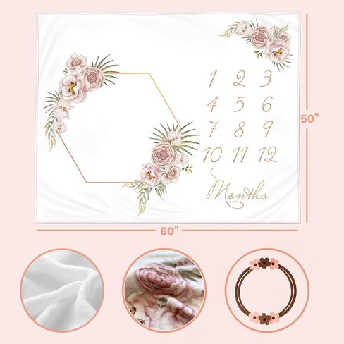 Monthly Baby Milestone Blanket 60"x50" - Elegant Boho Floral Design with Felt Frame - Track Your Baby's Monthly Growth - Perfect Gender Neutral Gift for New Parents - Personalized Baby Blanket in Saudi Arabia