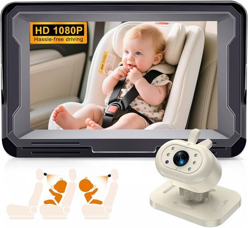 AMTIFO Baby Car Camera 1080P HD Plug-Play Monitor: 4.3 Inch IPS Display with Sun Visor - 150° Wide-Angle 360° Swivel Backseat Cam, Infrared Night Vision, Rabbit Design - Beige in Saudi Arabia