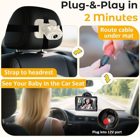 AMTIFO Baby Car Camera 1080P HD Plug-Play Monitor: 4.3 Inch IPS Display with Sun Visor - 150° Wide-Angle 360° Swivel Backseat Cam, Infrared Night Vision, Rabbit Design - Beige in Saudi Arabia