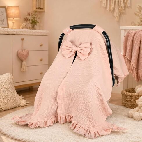 Hooyax Muslin Baby Girl Car Seat Cover – Breathable Summer Car Seat Canopy with Removable Bow & Ruffle, Multi-Functional Stroller Cover & Baby Blanket, Sun Protection, Princess Baby Shower Gift(Pink) in Kuwait