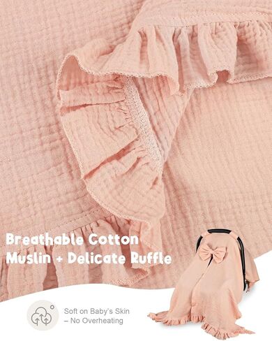 Hooyax Muslin Baby Girl Car Seat Cover – Breathable Summer Car Seat Canopy with Removable Bow & Ruffle, Multi-Functional Stroller Cover & Baby Blanket, Sun Protection, Princess Baby Shower Gift(Pink) in Kuwait