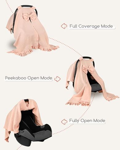 Hooyax Muslin Baby Girl Car Seat Cover – Breathable Summer Car Seat Canopy with Removable Bow & Ruffle, Multi-Functional Stroller Cover & Baby Blanket, Sun Protection, Princess Baby Shower Gift(Pink) in Kuwait