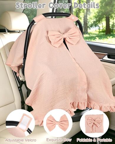 Hooyax Muslin Baby Girl Car Seat Cover – Breathable Summer Car Seat Canopy with Removable Bow & Ruffle, Multi-Functional Stroller Cover & Baby Blanket, Sun Protection, Princess Baby Shower Gift(Pink) in Kuwait