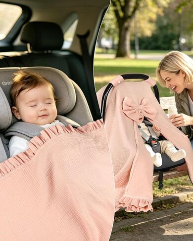 Hooyax Muslin Baby Girl Car Seat Cover – Breathable Summer Car Seat Canopy with Removable Bow & Ruffle, Multi-Functional Stroller Cover & Baby Blanket, Sun Protection, Princess Baby Shower Gift(Pink) in Kuwait