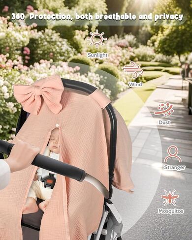 Hooyax Muslin Baby Girl Car Seat Cover – Breathable Summer Car Seat Canopy with Removable Bow & Ruffle, Multi-Functional Stroller Cover & Baby Blanket, Sun Protection, Princess Baby Shower Gift(Pink) in Kuwait